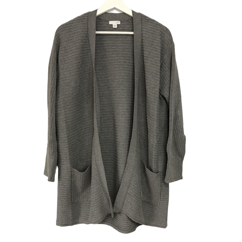 J. Jill Gray Ribbed Cardigan Sweater Long Medium Pockets
